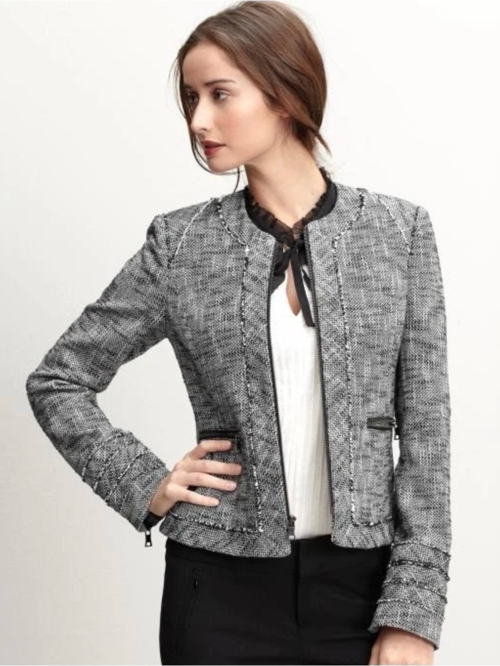 Banana Republic Women's Black/White Tweed Zip-Front Blazer/Jacket size 6P